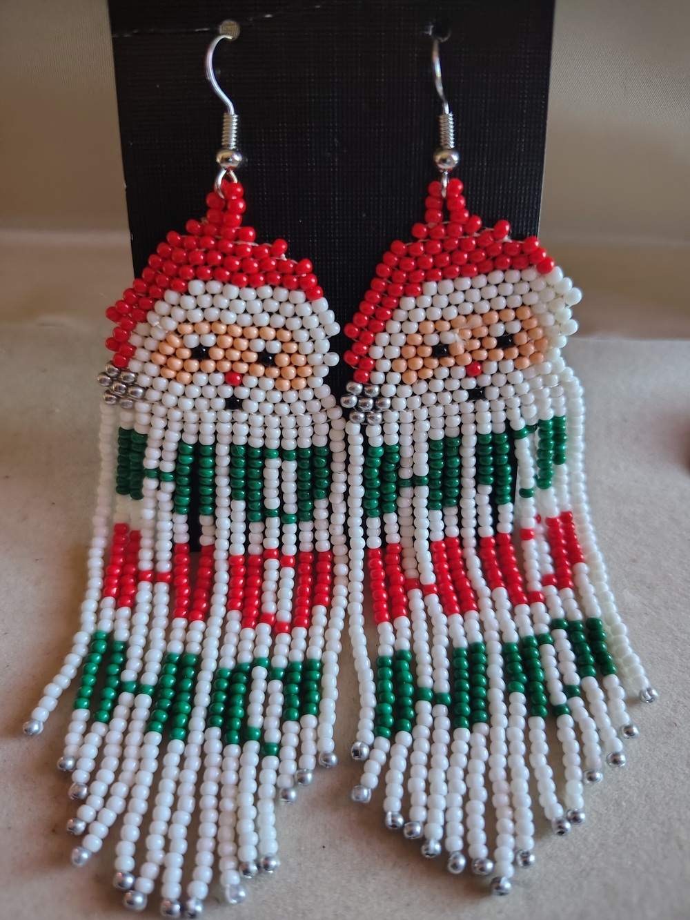 NWT Handmade Beaded Santa Fringe Earrings "HO HO HO" Holiday Christmas